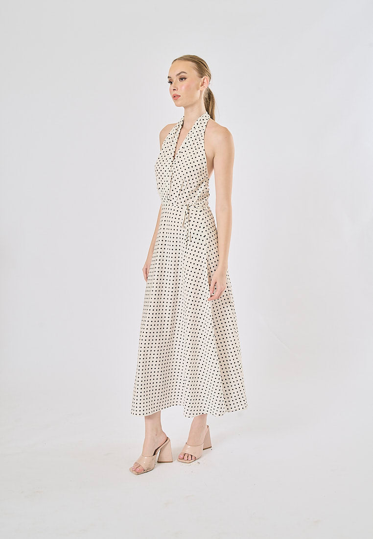 Rufert White Black Polka Dot Print Halter Neck Midi Dress