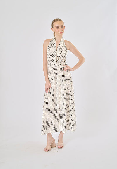 Rufert White Black Polka Dot Print Halter Neck Midi Dress