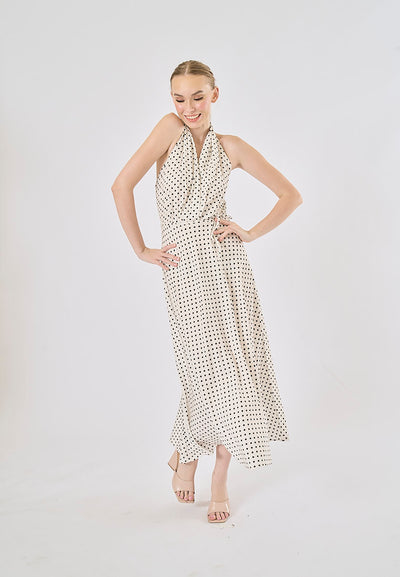 Rufert White Black Polka Dot Print Halter Neck Midi Dress