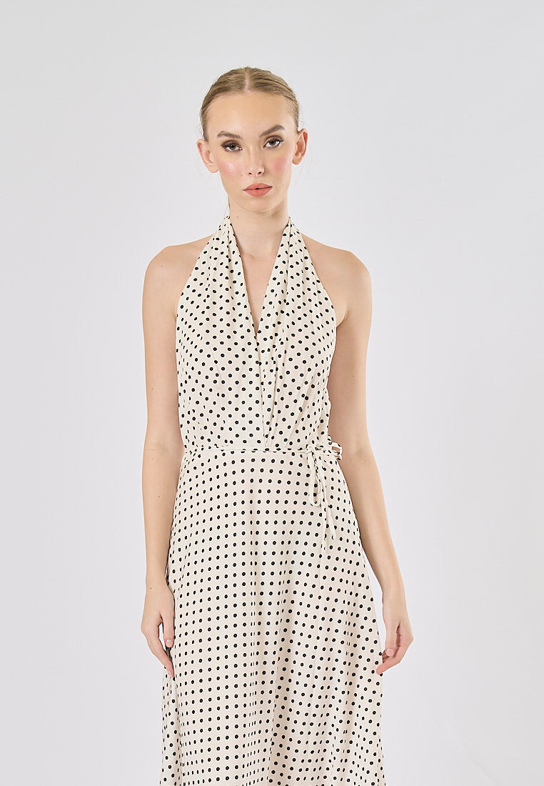 Rufert White Black Polka Dot Print Halter Neck Midi Dress