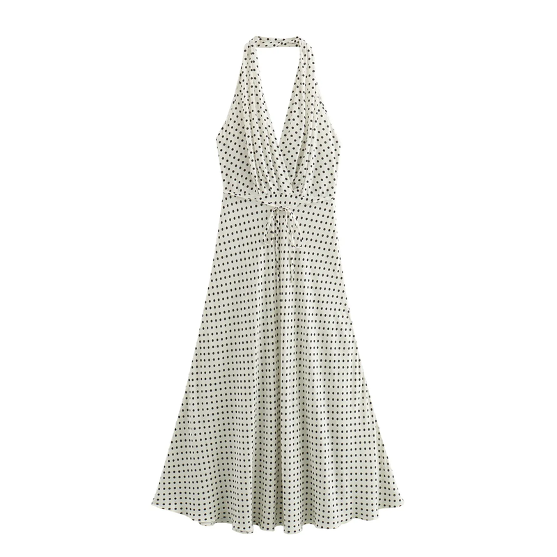 Rufert White Black Polka Dot Print Halter Neck Midi Dress