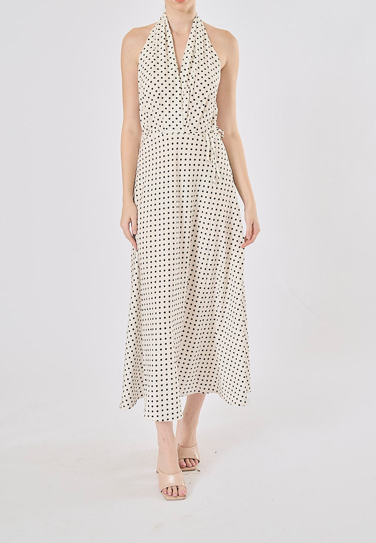 Rufert White Black Polka Dot Print Halter Neck Midi Dress