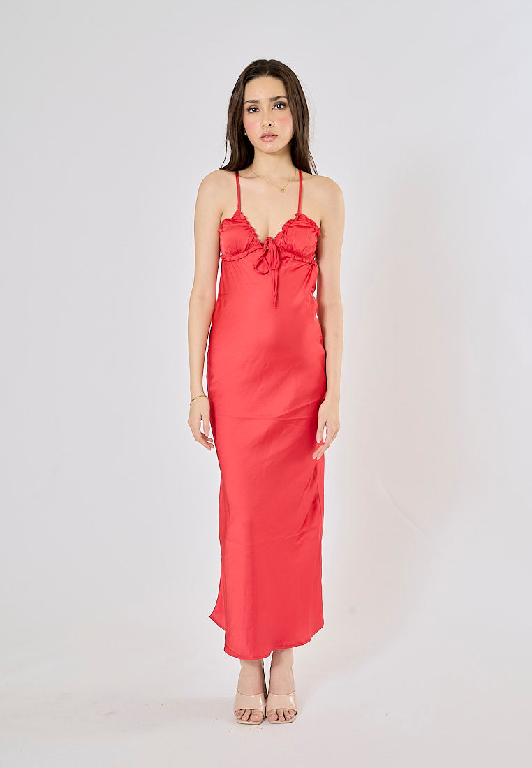 Breizcaba Red Coral V- Neck Back Hollow Out Midi Dress