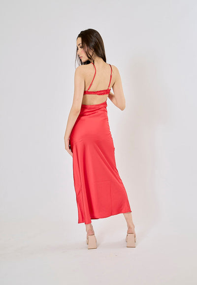 Breizcaba Red Coral V- Neck Back Hollow Out Midi Dress