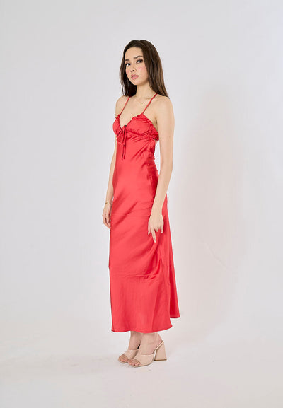 Breizcaba Red Coral V- Neck Back Hollow Out Midi Dress