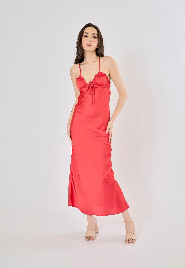 Breizcaba Red Coral V- Neck Back Hollow Out Midi Dress