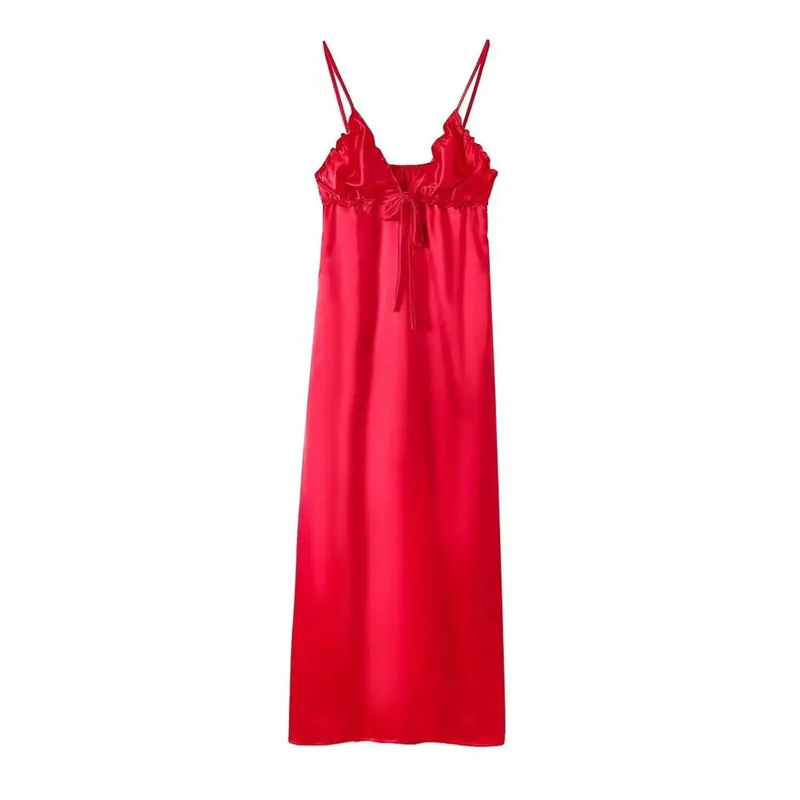 Breizcaba Red Coral V- Neck Back Hollow Out Midi Dress