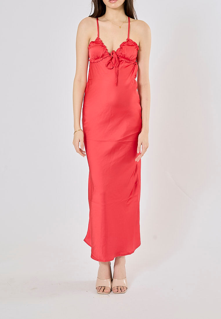 Breizcaba Red Coral V- Neck Back Hollow Out Midi Dress