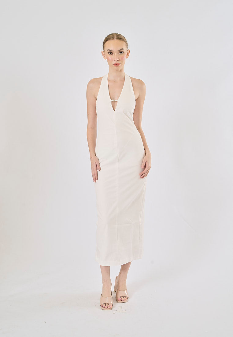 Tate White Deep V-Neck Halter Midi Dress