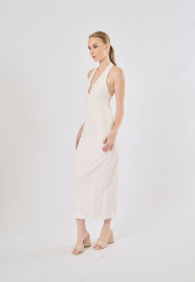 Tate White Deep V-Neck Halter Midi Dress