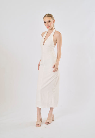 Tate White Deep V-Neck Halter Midi Dress