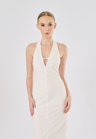 Tate White Deep V-Neck Halter Midi Dress