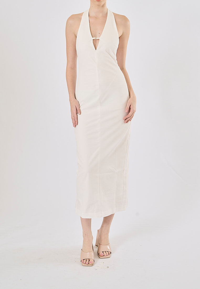 Tate White Deep V-Neck Halter Midi Dress