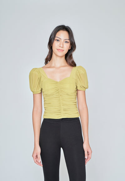 Miles Apple Green Sweetheart Neckline Padded Puff Sleeve Top