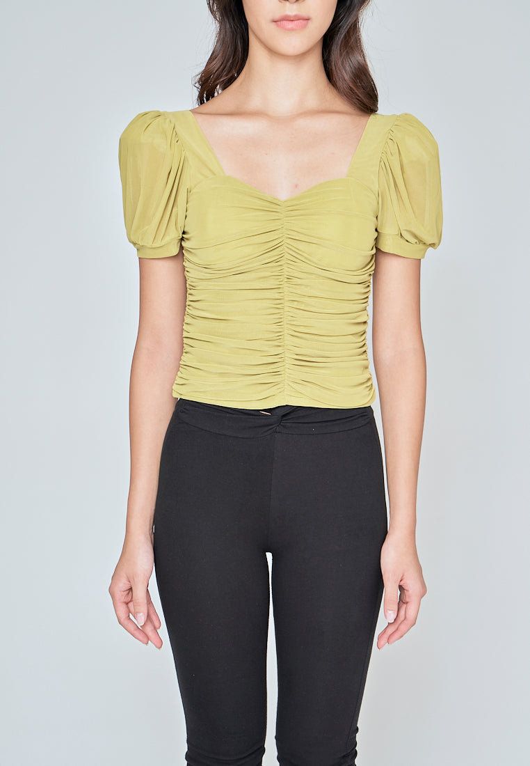 Miles Apple Green Sweetheart Neckline Padded Puff Sleeve Top