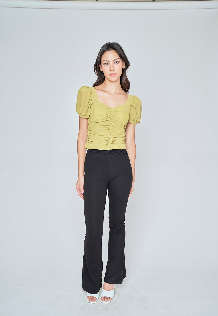 Miles Apple Green Sweetheart Neckline Padded Puff Sleeve Top