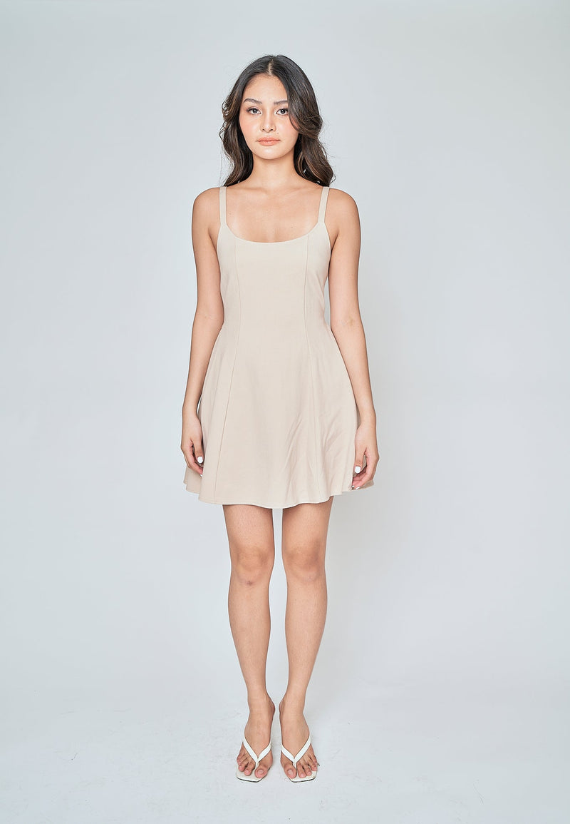 Aelia Beige Low Neck Sleeveless Open Back Lined Mini Dress