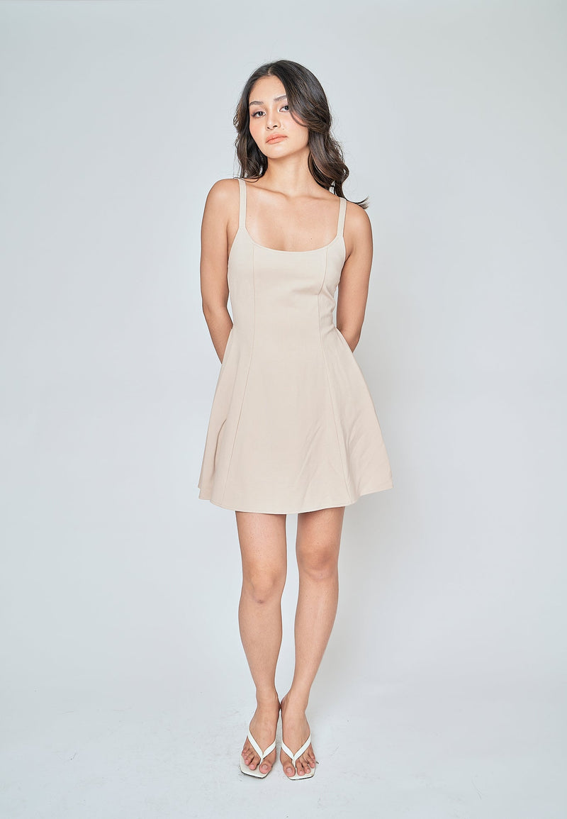 Aelia Beige Low Neck Sleeveless Open Back Lined Mini Dress