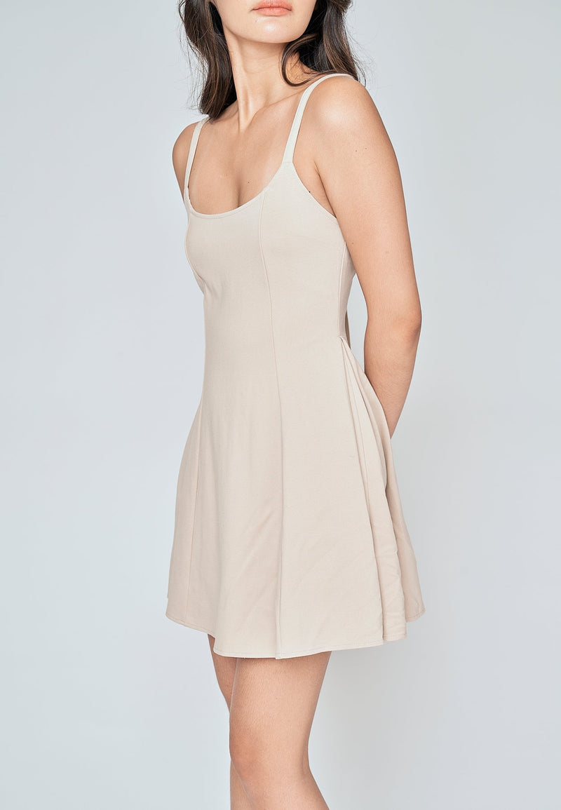 Aelia Beige Low Neck Sleeveless Open Back Lined Mini Dress