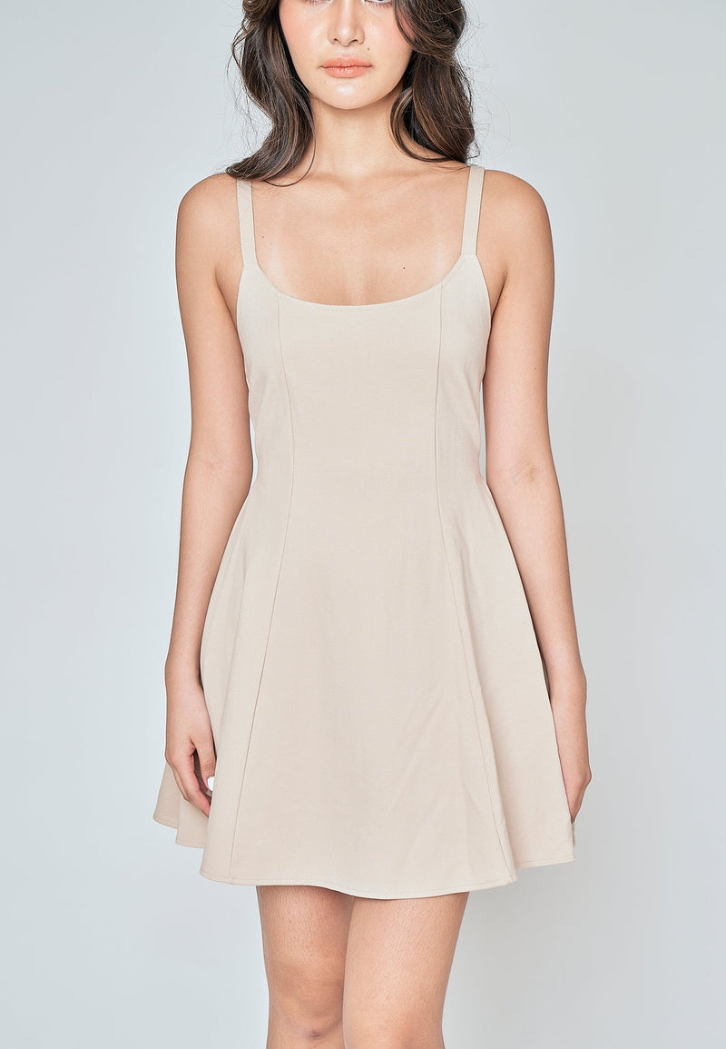 Aelia Beige Low Neck Sleeveless Open Back Lined Mini Dress