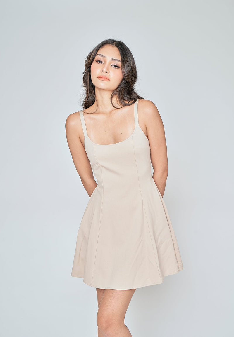 Aelia Beige Low Neck Sleeveless Open Back Lined Mini Dress