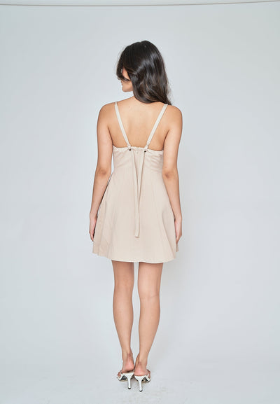 Aelia Beige Low Neck Sleeveless Open Back Lined Mini Dress