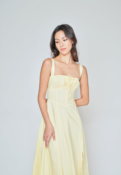 Einnafel Yellow Ruch Tie Bust Sleeveless Side Slit Midi Dress