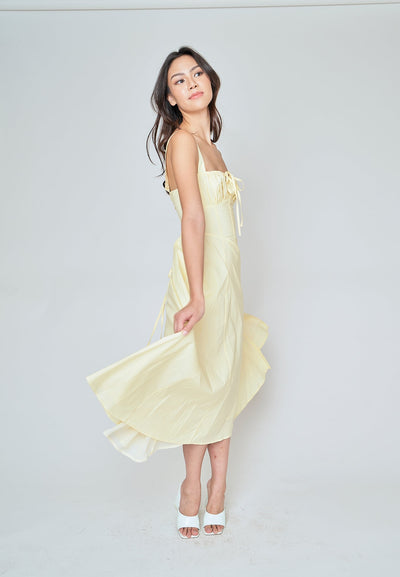 Einnafel Yellow Ruch Tie Bust Sleeveless Side Slit Midi Dress