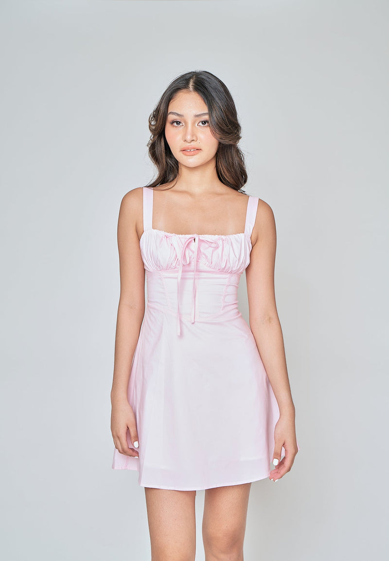 Fiorella Pink Square Neck Ruch Bust Sleeveless Lined Waist Midi Dress