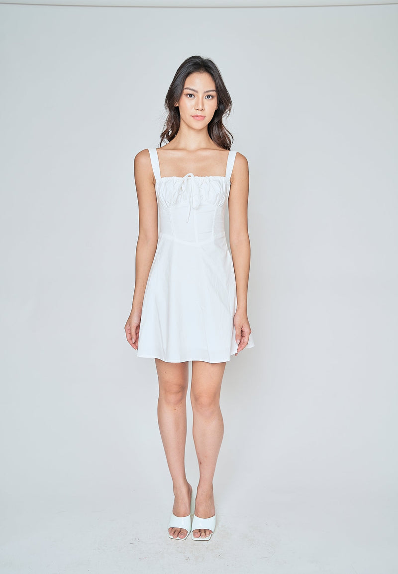 Fiorella White Square Neck Ruch Bust Sleeveless Lined Waist Mini Dress