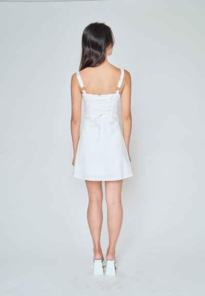 Fiorella White Square Neck Ruch Bust Sleeveless Lined Waist Mini Dress