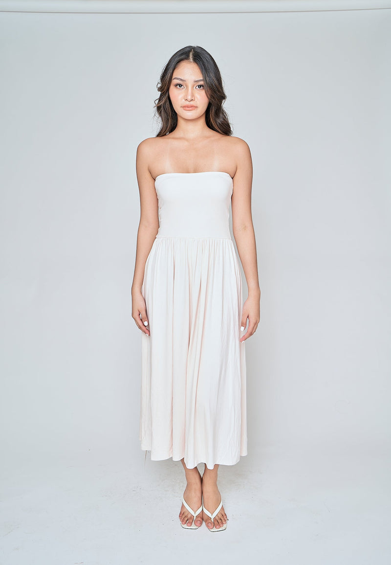 Elara Beige Basic Fit and Flare Tube Midi Dress