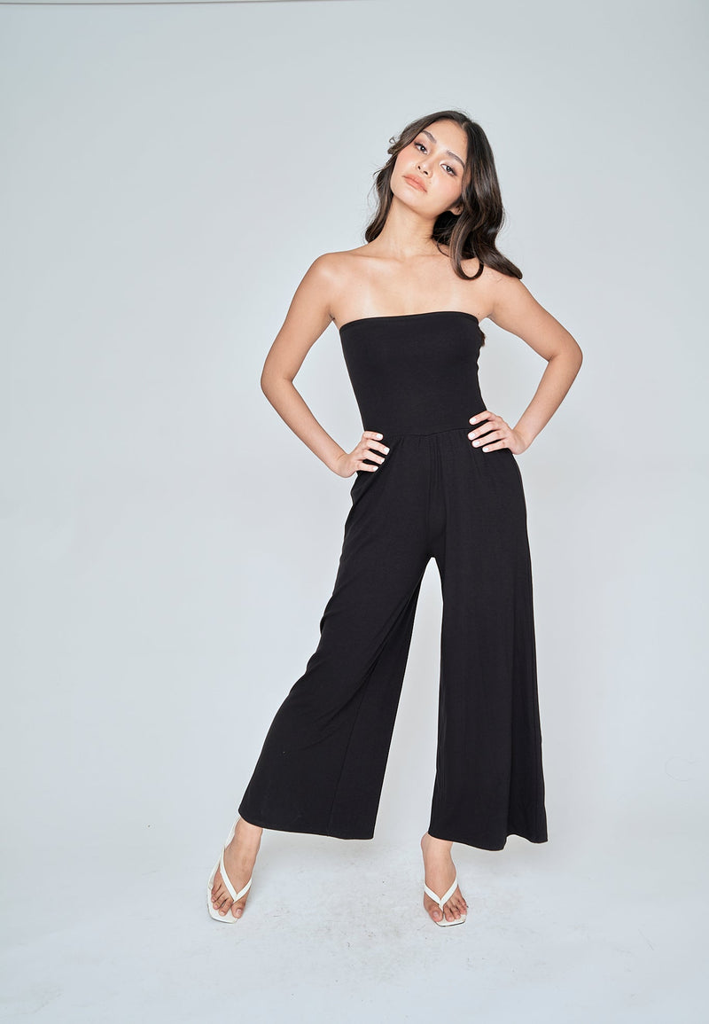 Lullie Black Basic Wide Leg Tube Jumpsuit