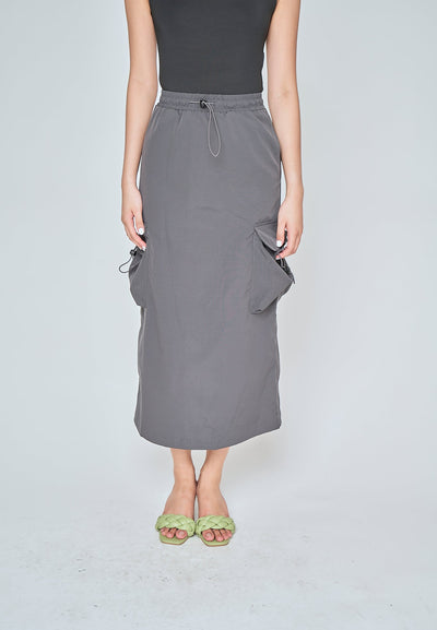 Akello Dark Grey Elastic Waist Side Pockets A-Line Cargo Midi Skirt