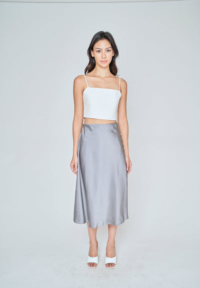 Ainsley Ash Blue Silk Side Buttons Midi Skirt