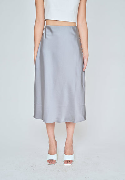 Ainsley Ash Blue Silk Side Buttons Midi Skirt