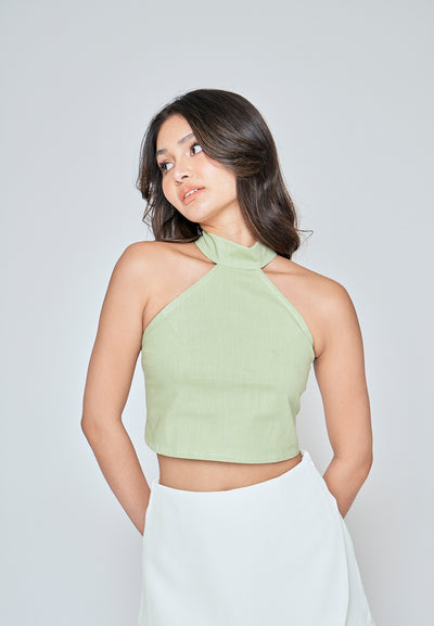 Markl Sage Linen Sleeveless Turtle Neck Halter Top