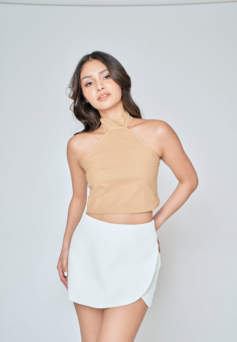 Markl Light Brown Linen Sleeveless Turtle Neck Halter Top