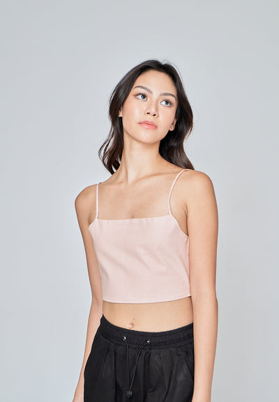 Fumi Pink Linen Sleeveless Self Tie Strap Zipper Back Top