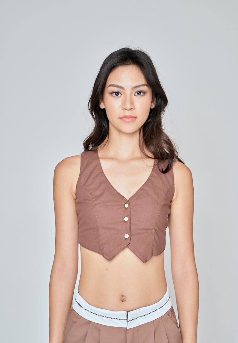 Jiji Brown Linen V Neck Collared Button Sleeveless Open Back Top