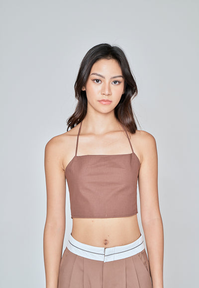 Fumi Brown Linen Sleeveless Self Tie Strap Zipper Back Top