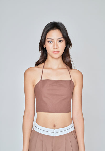 Fumi Brown Linen Sleeveless Self Tie Strap Zipper Back Top