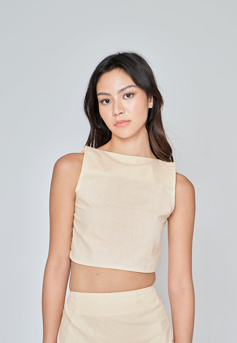 Hiromi Beige Linen Square Neck Sleeveless Top