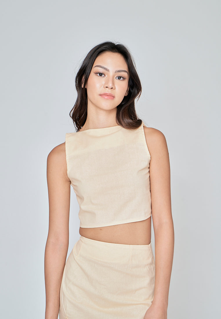 Hiromi Beige Linen Square Neck Sleeveless Top