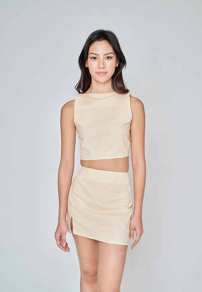 Hiromi Beige Linen Square Neck Sleeveless Top