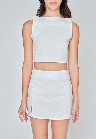 Hiromi White Linen Square Neck Sleeveless Top