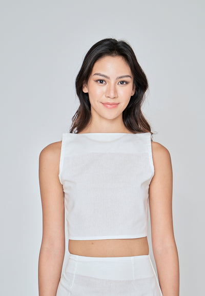 Hiromi White Linen Square Neck Sleeveless Top