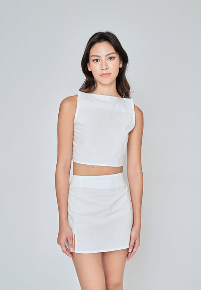 Hiromi White Linen Square Neck Sleeveless Top