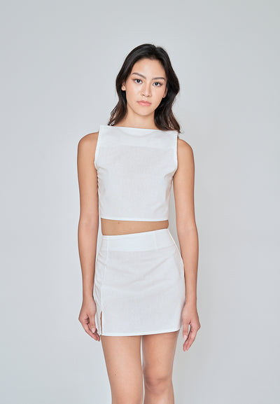 Hiromi White Linen Square Neck Sleeveless Top