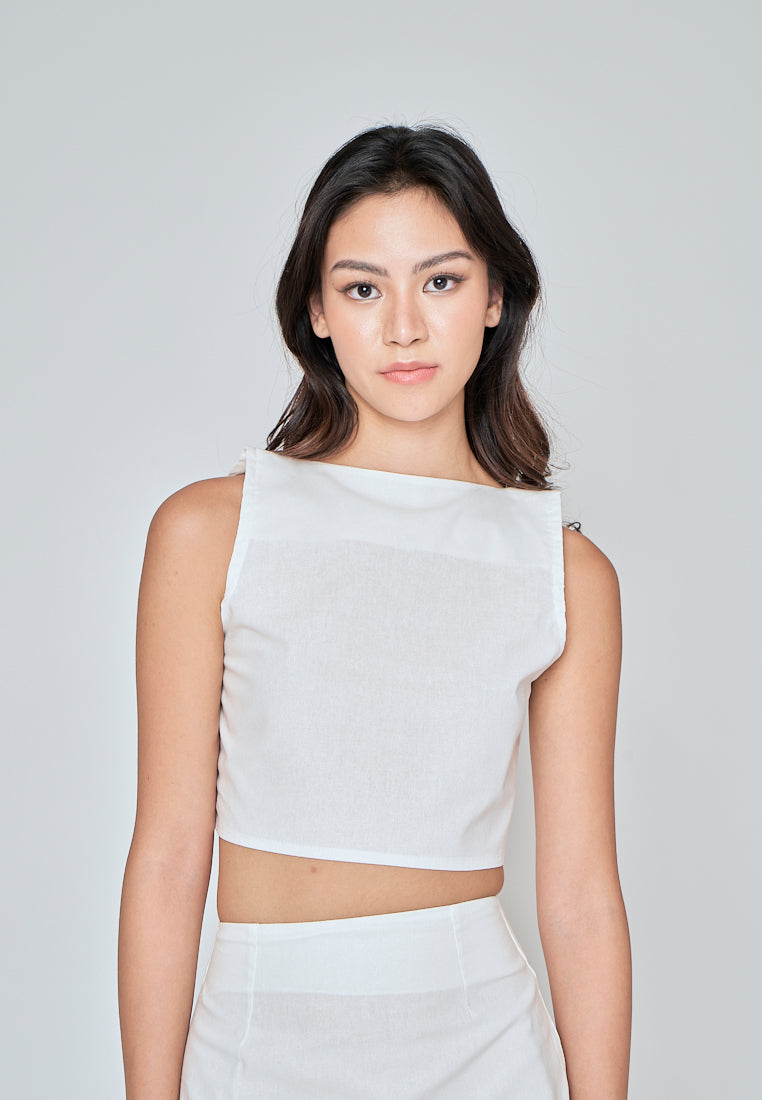 Hiromi White Linen Square Neck Sleeveless Top